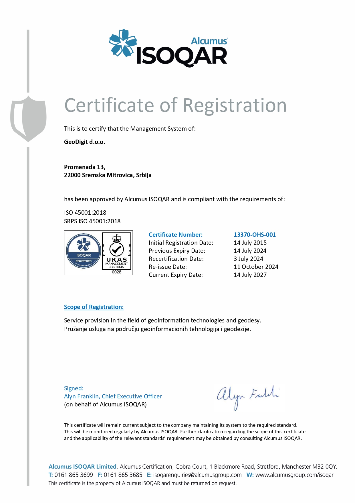 Certificate SRPS OHSAS 45001